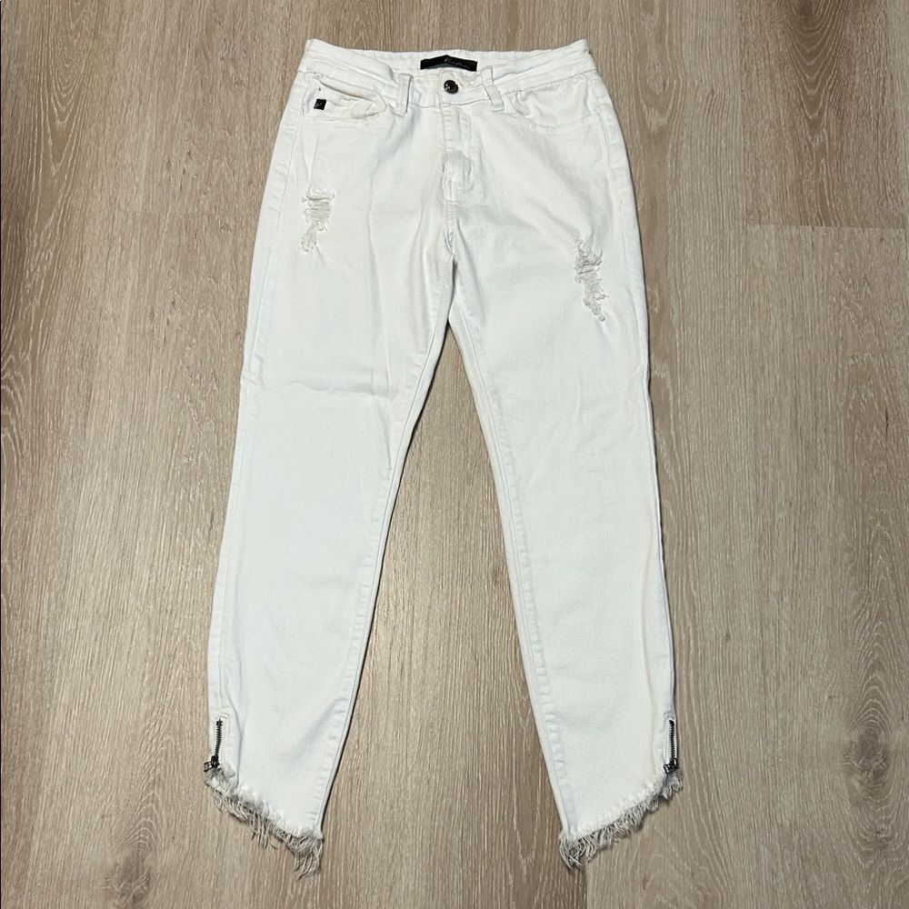 KanCan White Distressed High Waisted Jeans with Frayed Hem w Zipper Sz 27